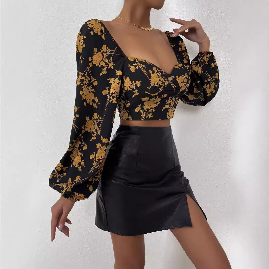 Top court féminin avec motif floral et élégante manches bouffantes Levoire