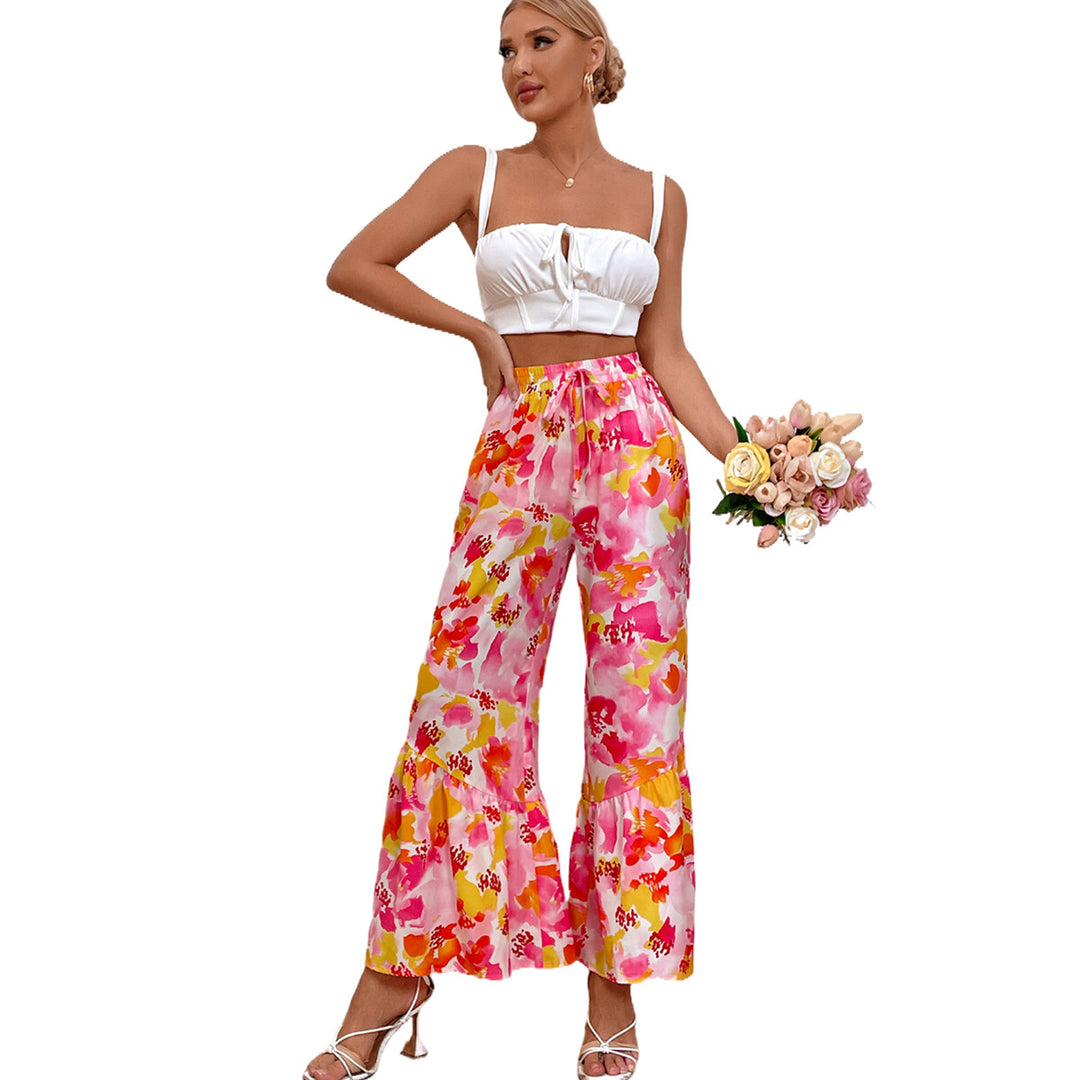 Pantalon Palazzo large pour femmes avec un design floral coloré et des détails en volants Levoire
