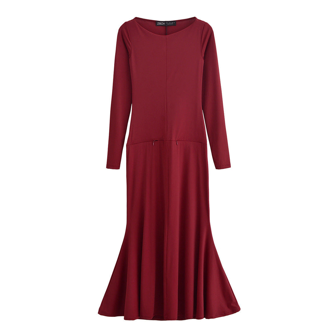 Levoire | Robe polyvalente à ourlet large, à manches longues et col rond rouge foncé