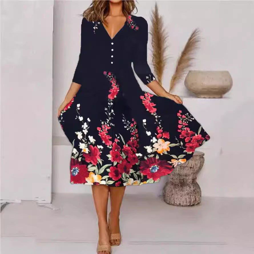 Levoire | Robe à imprimé élégant à manches trois-quarts et col en V