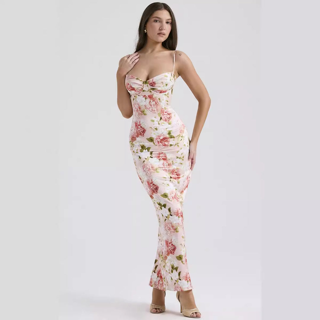 Robe maxi élégante pour femmes avec motif floral et bretelles spaghetti ajustables Levoire