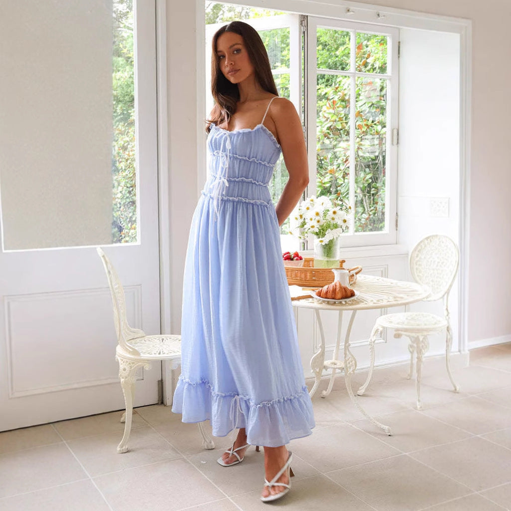 Robe maxi aérienne pour femmes avec détails volants et liens ajustables Levoire
