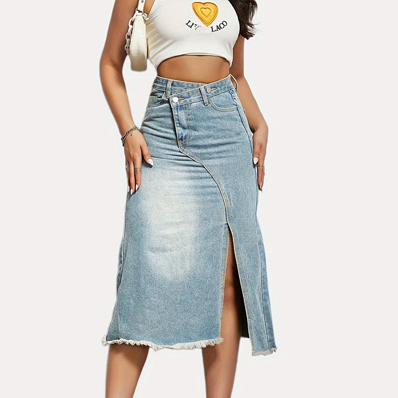 Jupe en denim longue pour femme avec fente asymétrique et ourlet effiloché Levoire