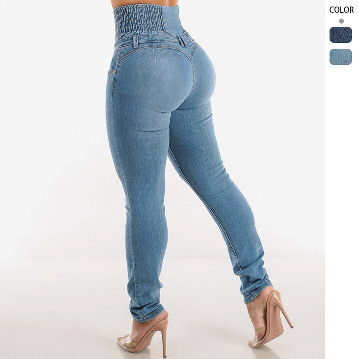 Jeans taille haute pour femmes avec ceinture élastique et fermeture à bouton décoratif Levoire