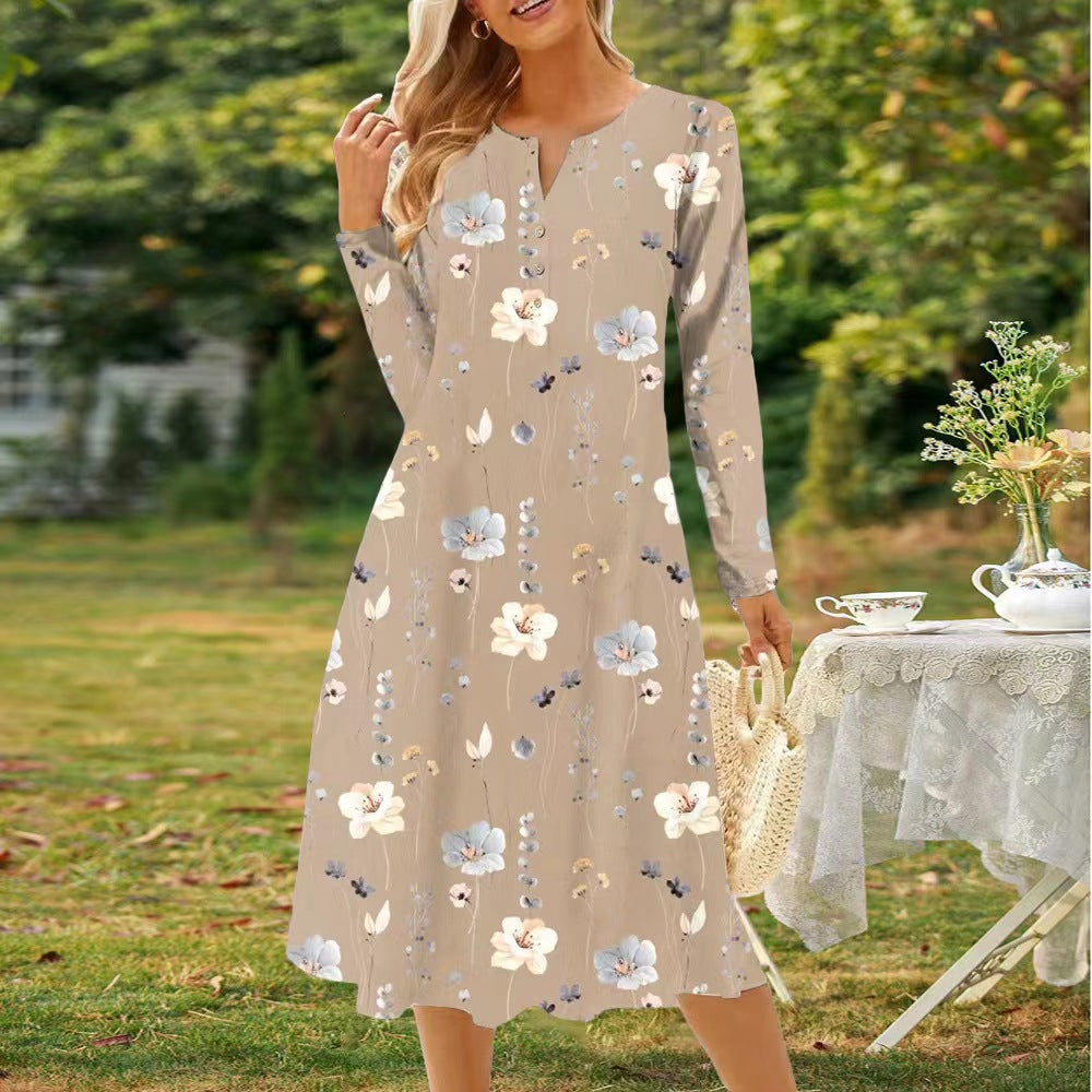 Levoire | Robe élégante pour femmes avec une broche, motif floral, décolleté en V et longues bretelles Kaki