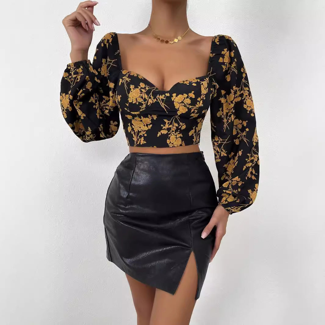 Haut court pour femmes avec motif floral et élégante manche bouffante Levoire