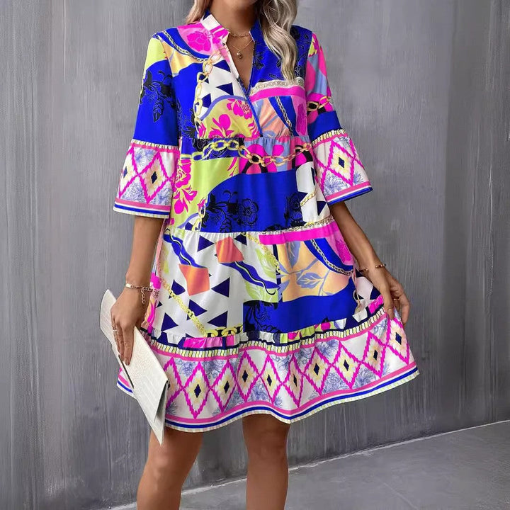 Levoire | Élégante robe-blouse à volants à manches cinq points Bleu
