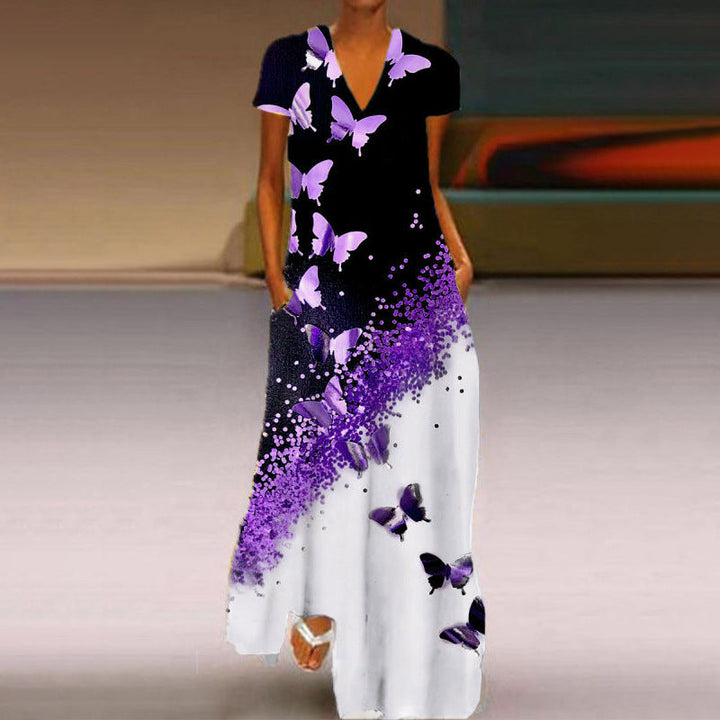 Levoire | Robe à encolure en V à manches courtes avec imprimé papillon élégant Lila