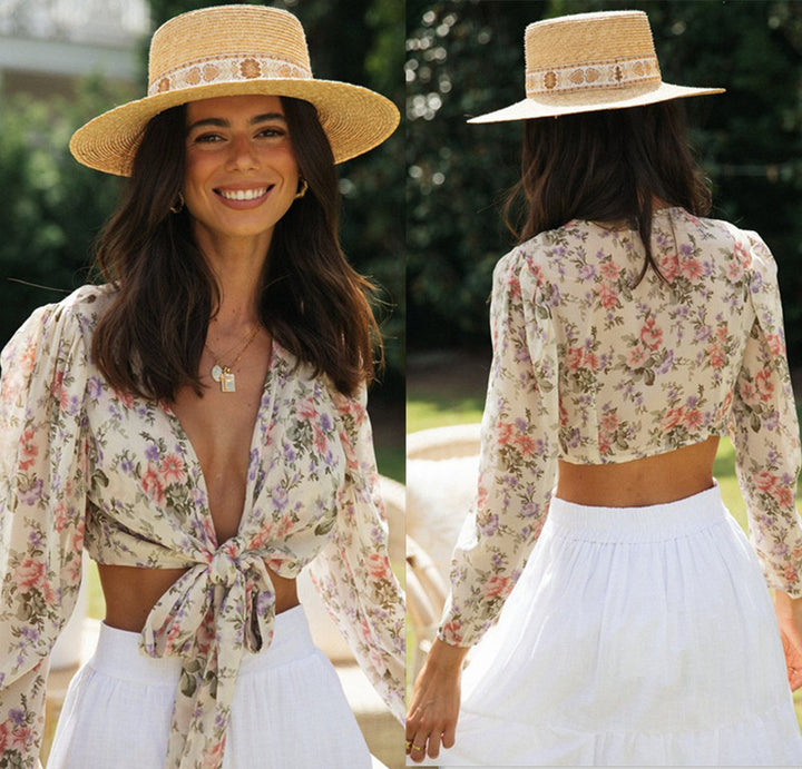 Top court pour femmes avec motif floral et ceinture à nouer Levoire