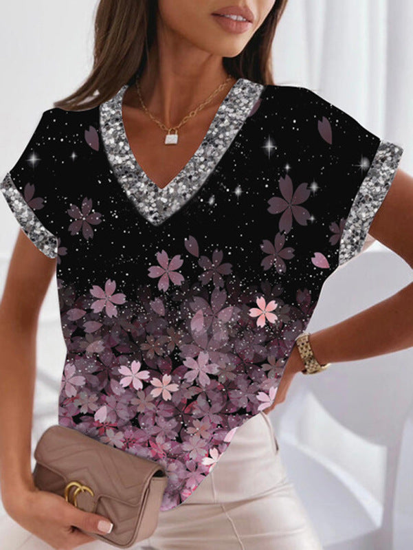 Levoire | T-shirt imprimé tendance à col en V et manches chauve-souris Rosa