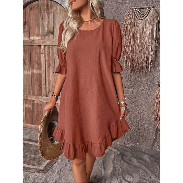 Levoire | Swing ¾-manches Encolure ronde Robe claire Broderie Rouge