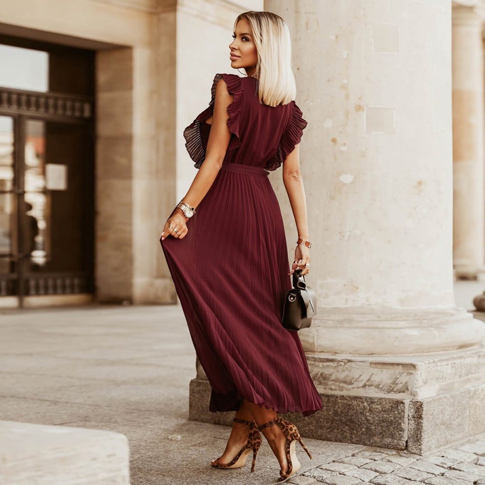 Levoire | Robe élégante de plage slim sexy avec manches à volants en chiffon de couleur unie