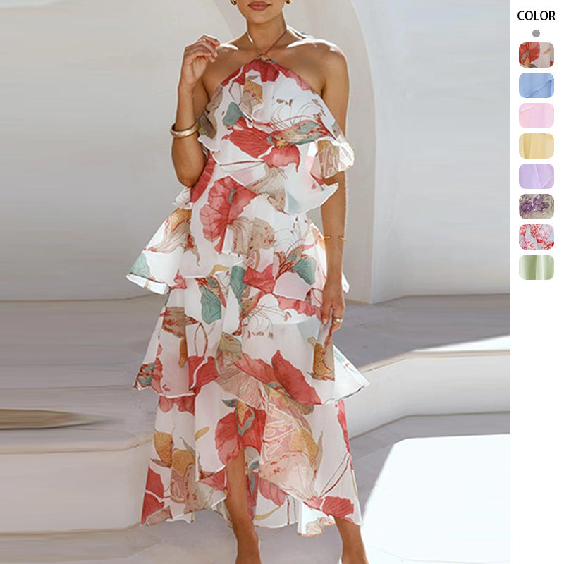 Robe maxi femme avec superposition élégante et volants floraux Levoire