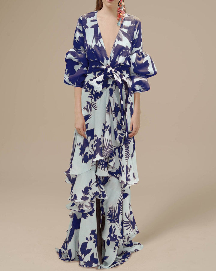 Levoire | Robe De Fête En Chiffon Fleuri Avec Volants Pour Femmes Bleu