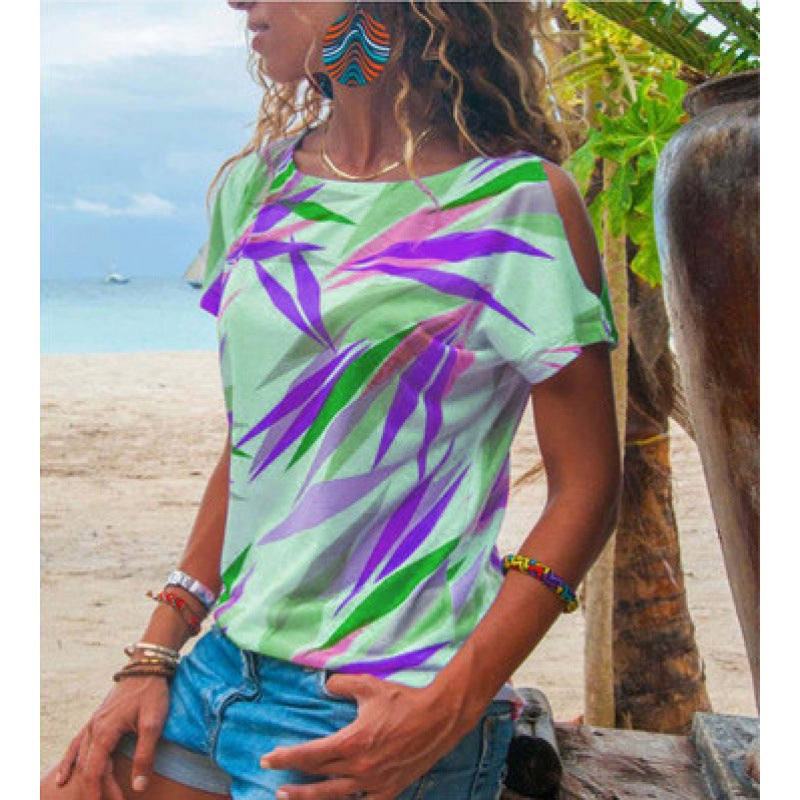 T-shirt pour femme avec coupe asymétrique et motif de feuilles colorées Levoire
