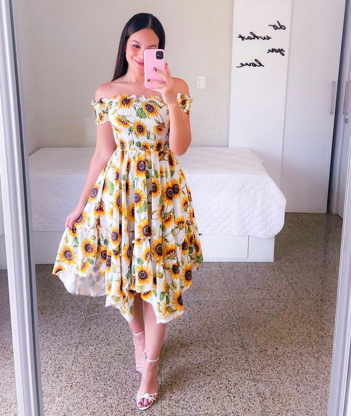Levoire | Robe mi-longue sans manches élégante avec imprimé Tournesol