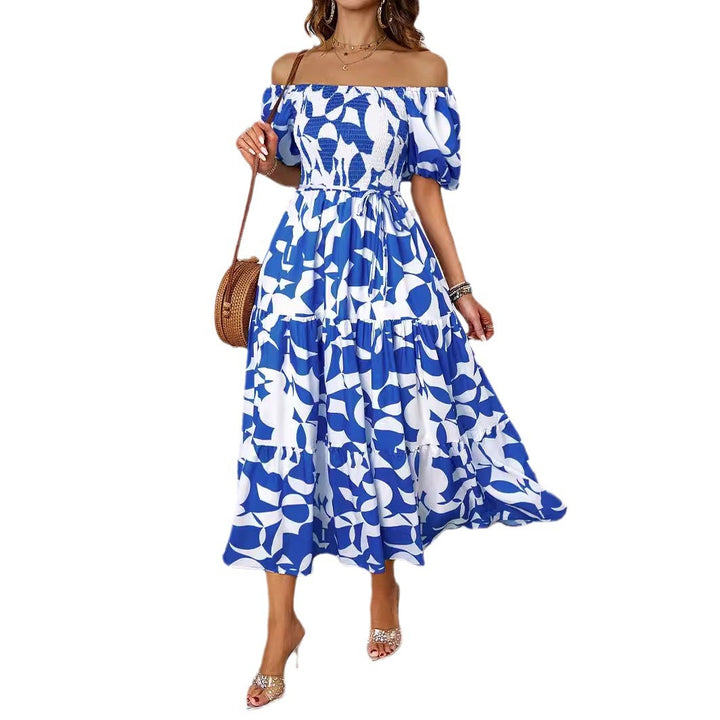 Robe Maxi Femme à Epaule Dégagée avec Manches Volumineuses et Imprimé Levoire
