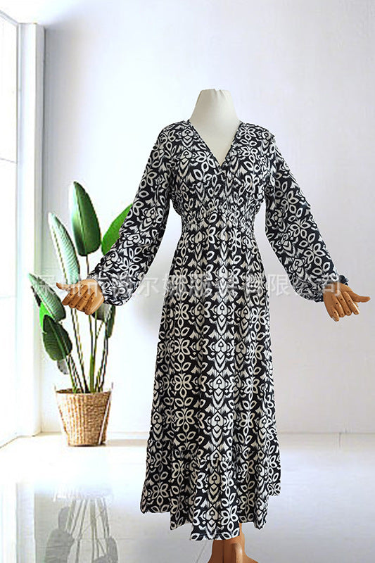 Levoire | Floralsi Robe Grande Taille Dos V Pêche Dress noirs à manches longues