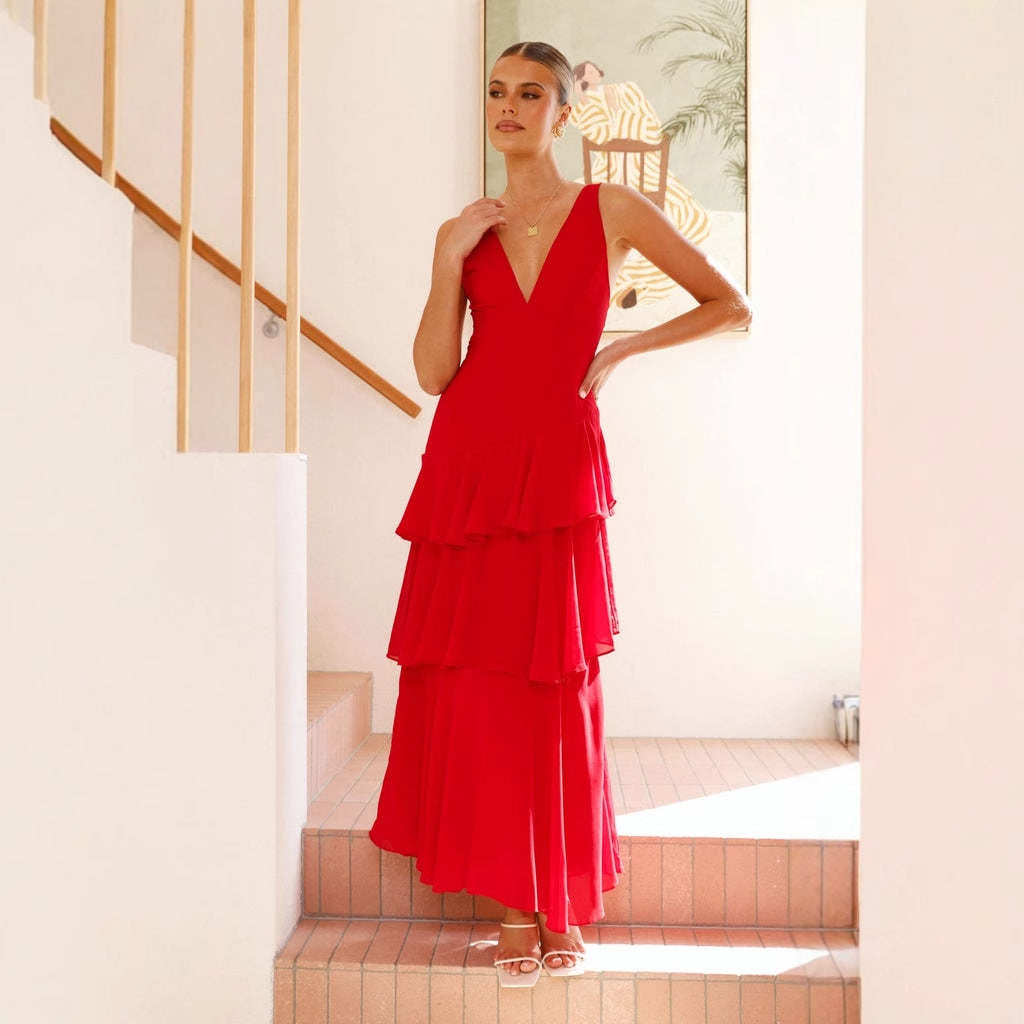 Robe maxi femme avec volants asymétriques et élégant décolleté en V Levoire
