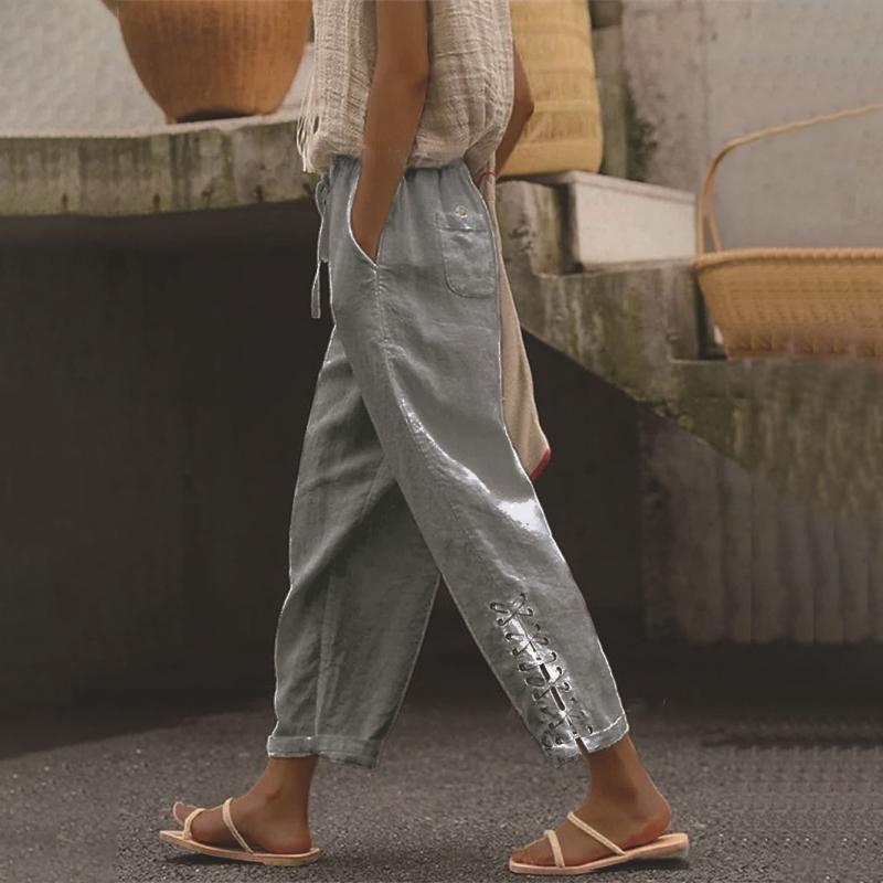 Levoire | Pantalon Droit Décontracté Ample En Coton Et En Lin Pour Femmes Gris clair