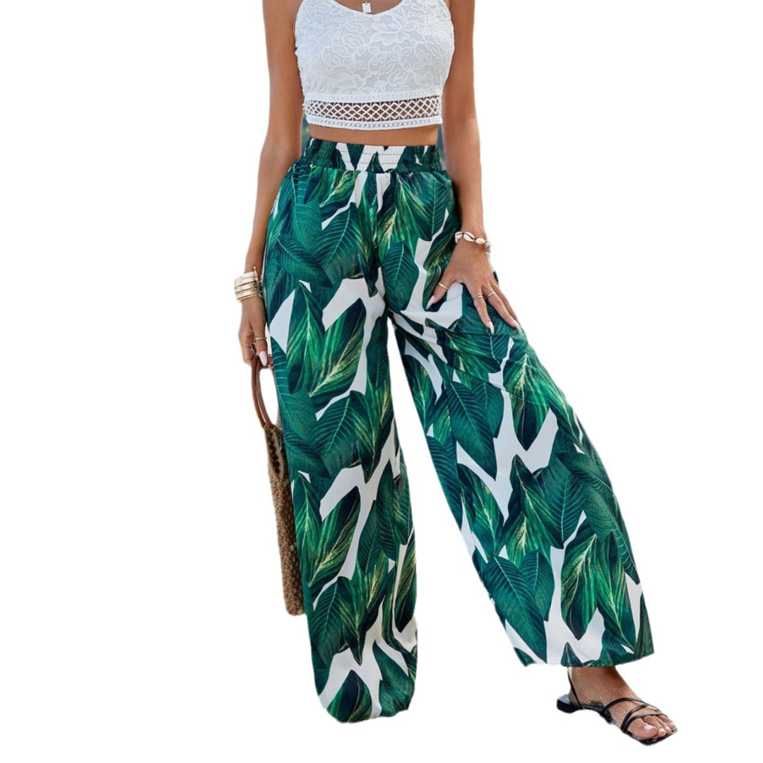 Pantalons de plage amples pour femmes avec motif de feuilles tropicales et taille élastique Levoire