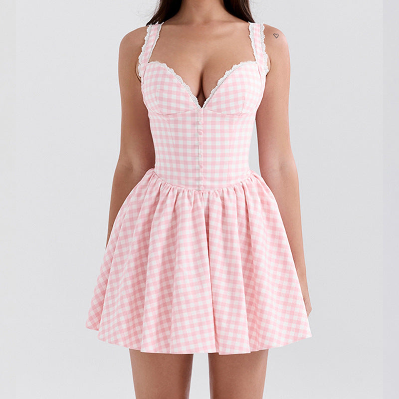 Robe mini pour femmes à découpe en V avec détails en volants et motif à carreaux Levoire