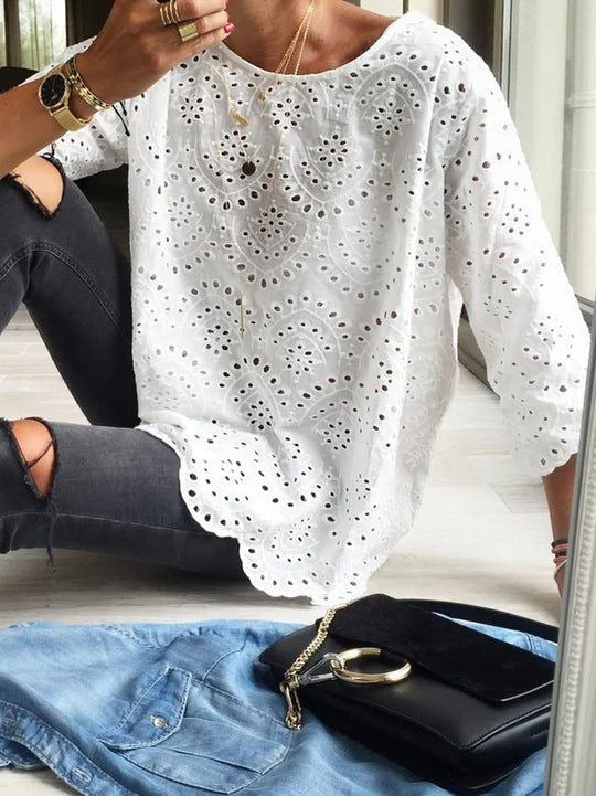 Levoire | Rétro Monocouleur Col Rond Manches Mi-Longues Chemise en Coton-Lin Blanc