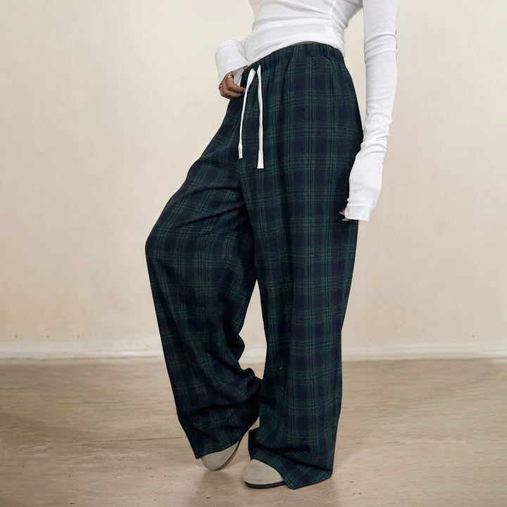 Pantalons à carreaux décontractés pour femmes avec taille élastique et cordon de serrage ajustable Levoire
