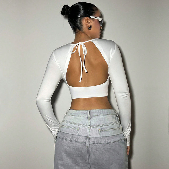 Haut à manches longues cropped pour femmes avec décolleté en V profond et boucle décorative Levoire