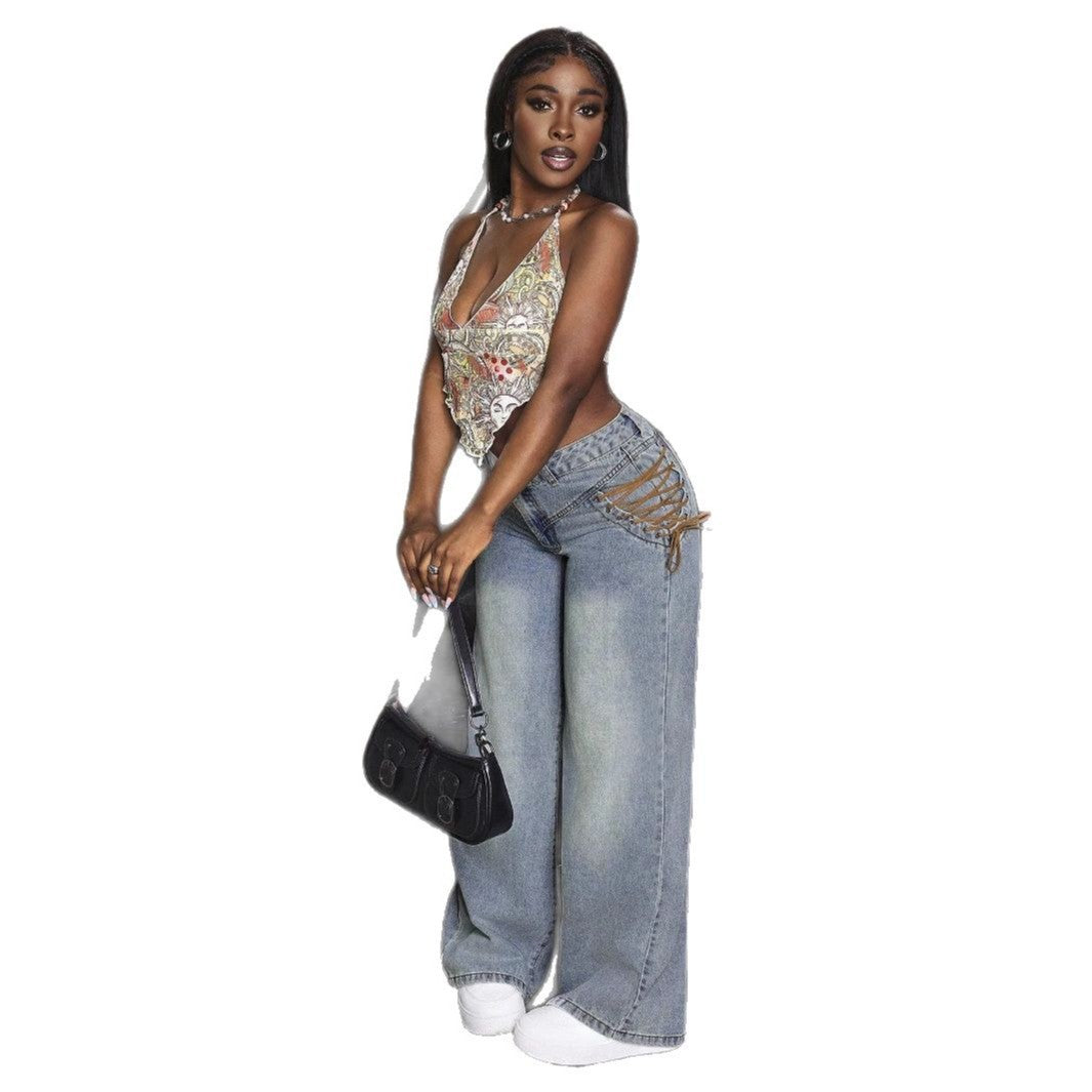 Jeans larges pour femme avec design en dentelle tendance Levoire