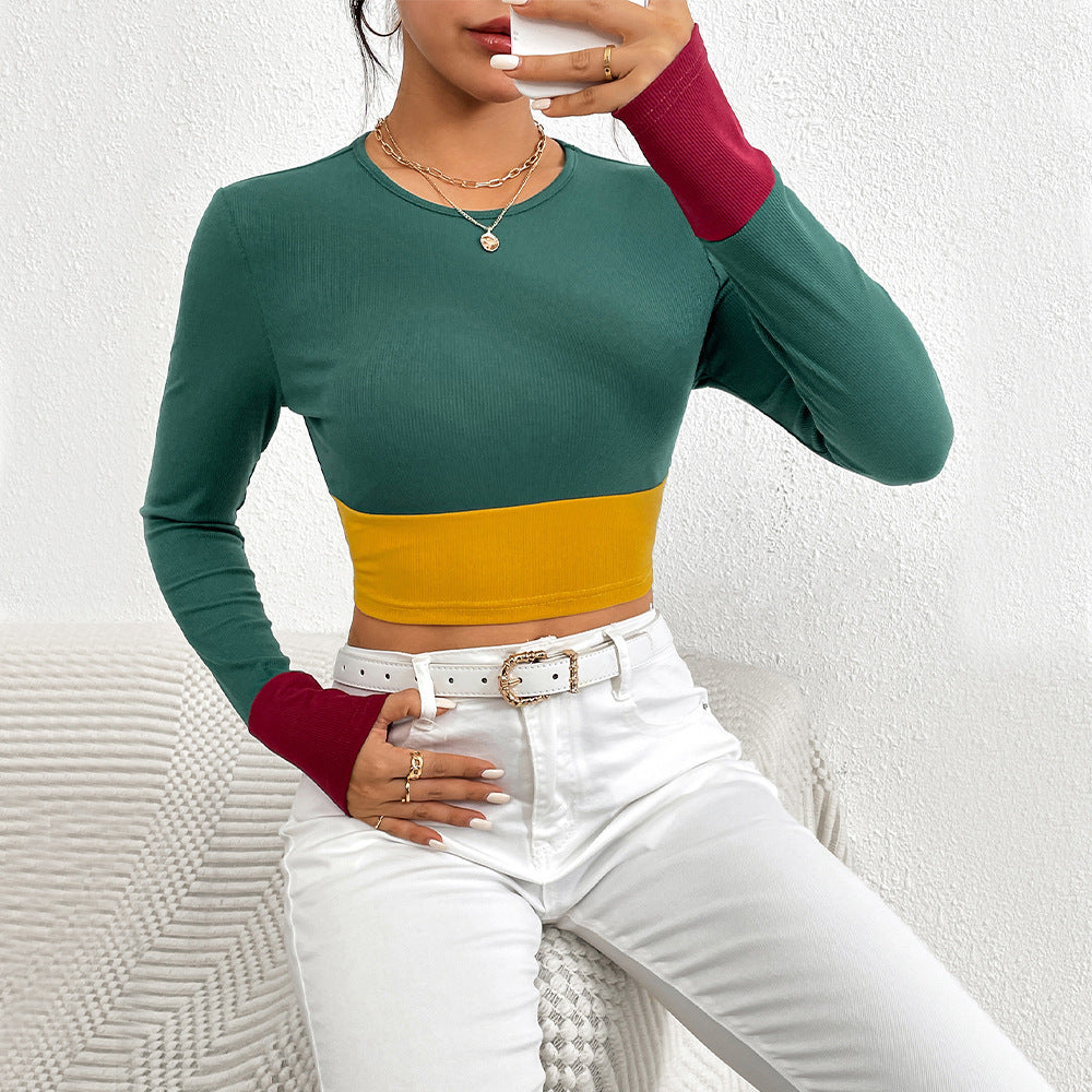 T-shirt court pour femmes avec design en bloc de couleur et manches longues Levoire