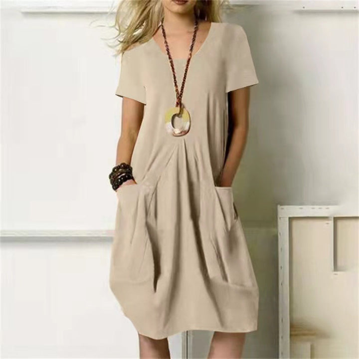 Levoire | Robe Simple Une Couleur Avec Col Rond Décontracté Et Manches Courtes Khaki