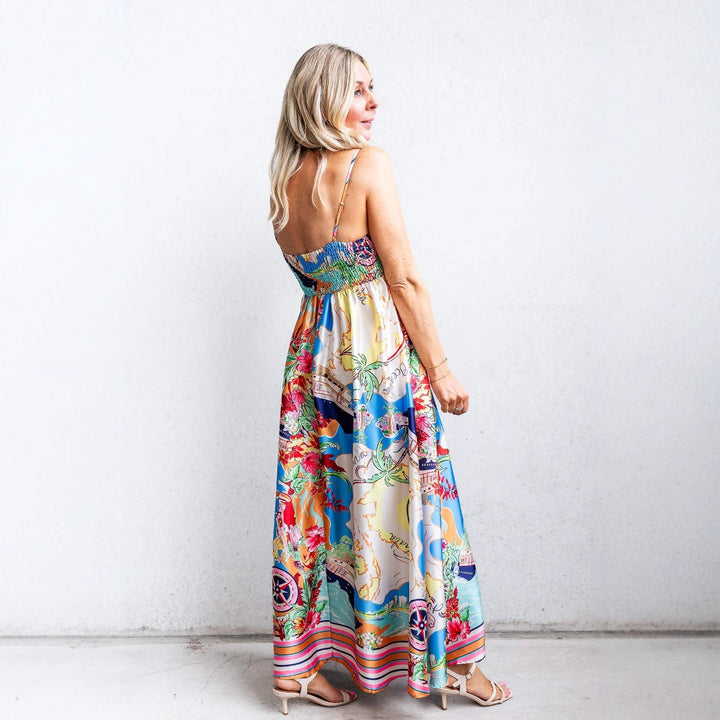 Robe maxi femme avec imprimé coloré et bretelles spaghetti Levoire