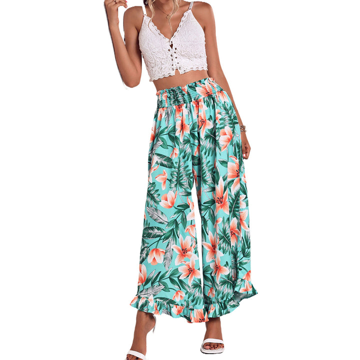Pantalons de plage larges pour femmes avec motif floral et taille élastique Levoire