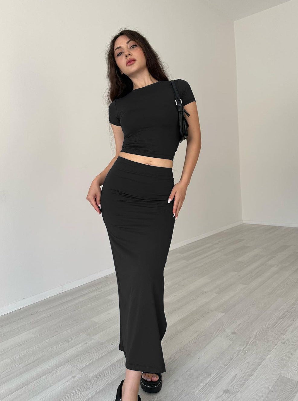 Levoire | Noir Col Rond Crop Top Et Jupe Set XXL