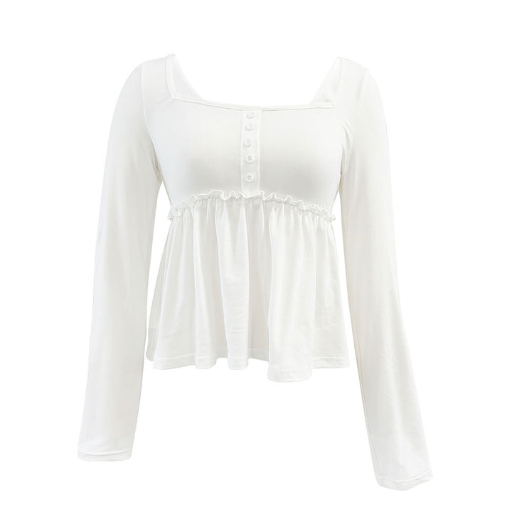 Chemise longue à manches longues sans fermeture pour femmes avec encolure carrée et ourlet en volants élégant Levoire
