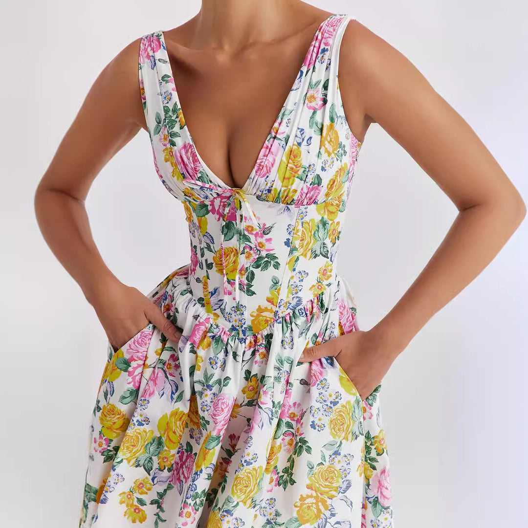 Robe midi pour femme avec motif floral et élégant col en V Levoire