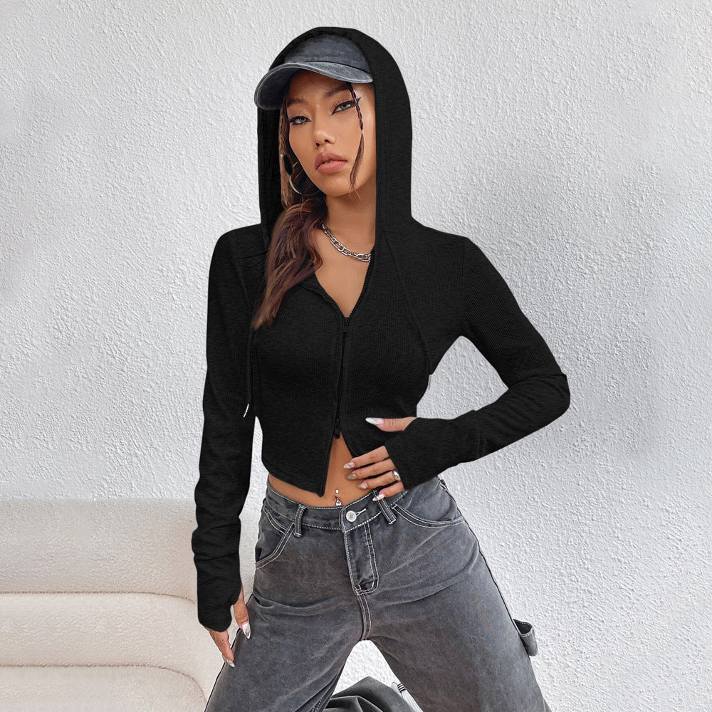 Sweat à capuche court pour femmes avec capuche à la mode et fermeture éclair Levoire