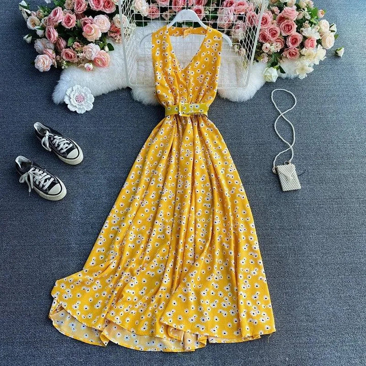 Levoire | Kukka Chiffon Robe à décolleté en V Jaune Taille libre