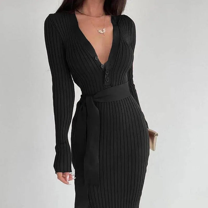 Levoire | Robe femme avec bouton à la taille, fine tricot rayé Noir