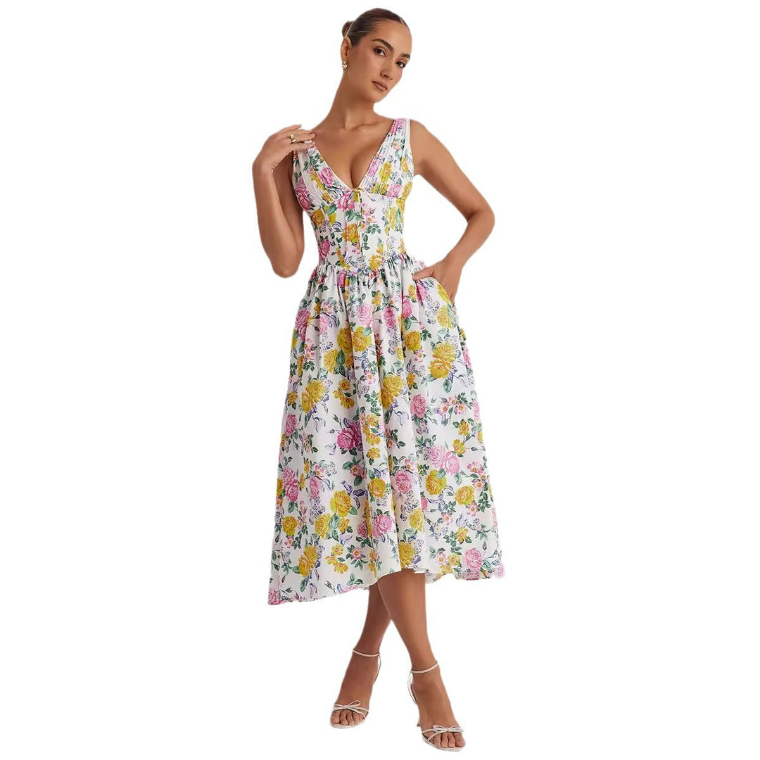 Robe midi pour femme avec motif floral et élégant col en V Levoire