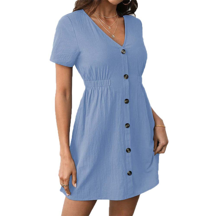 Robe à manches courtes pour femmes avec détails de boutons et ceinture élastique Levoire