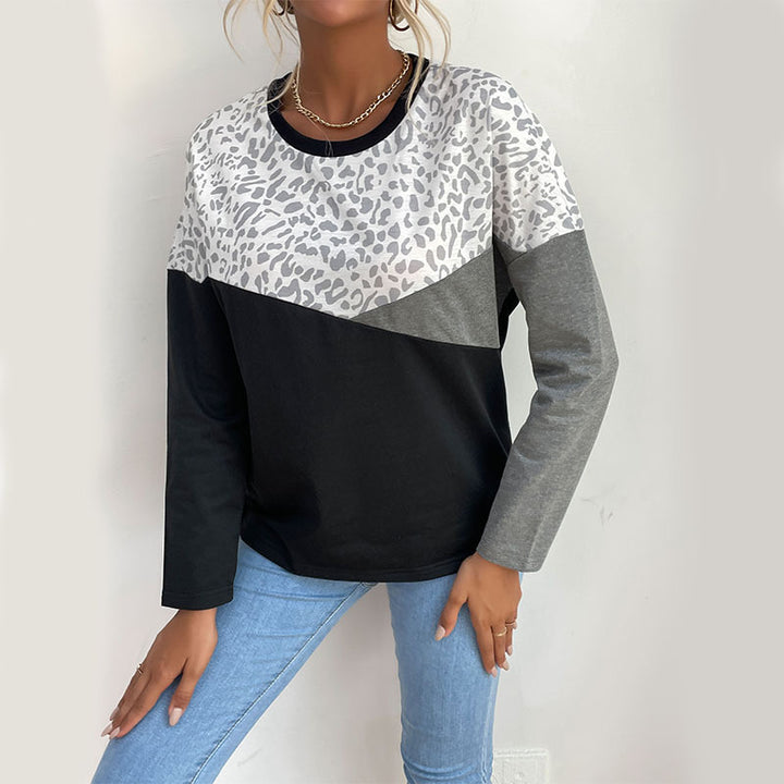 Chemise longue à manches longues pour femmes avec impression léopard créative et rayures en blocs Levoire