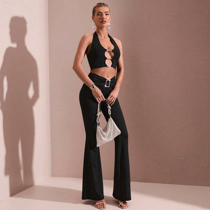 Pantalon Évasé Femme avec Taille Haute et Matériau Élastique Levoire