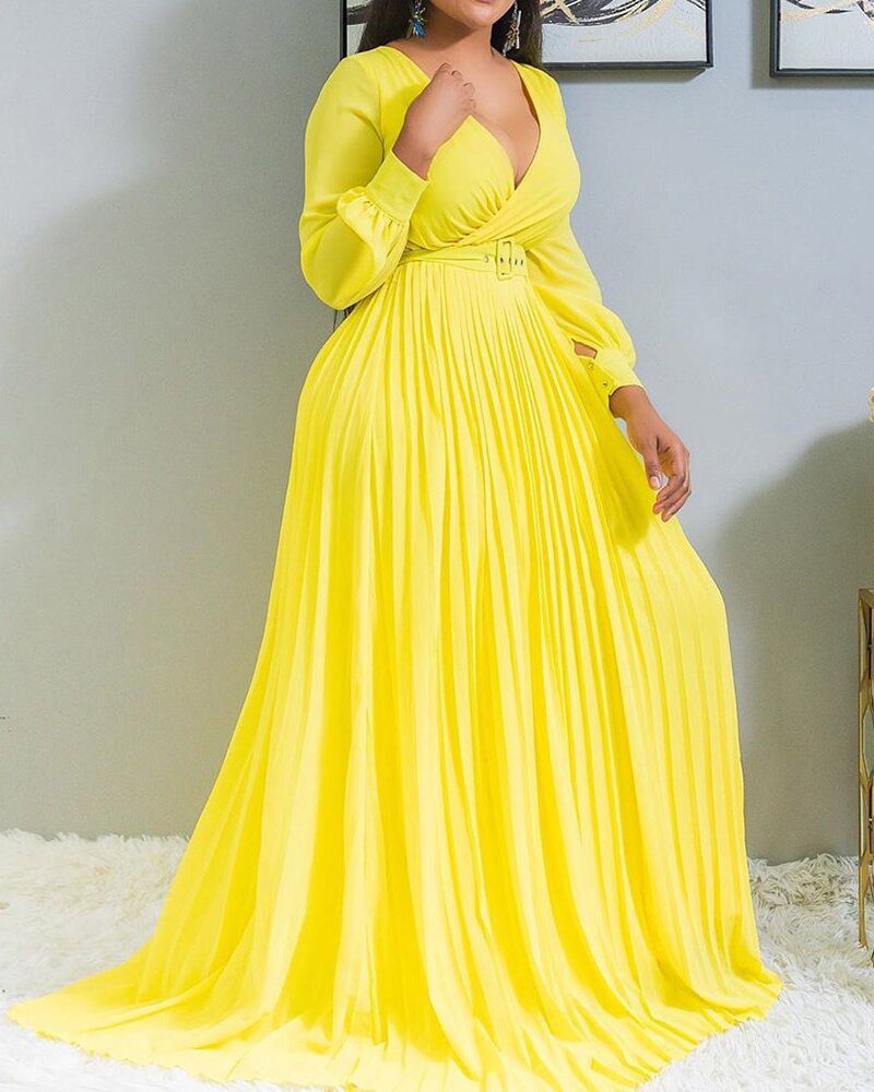 Levoire | Élégant Vintage Sifon Longue Manche-M robe longue Jaune clair