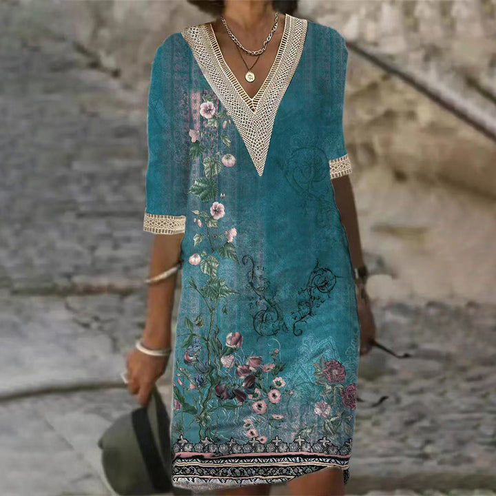Levoire | Robe courte à col V imprimée relaxante 2-Vert foncé