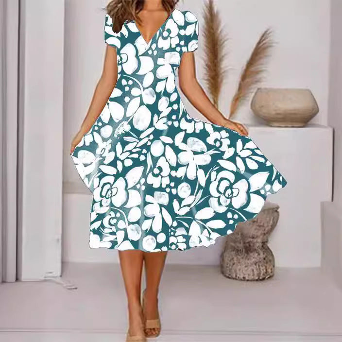 Levoire | Robe à manches courtes avec décolleté en V à imprimé floral élégant