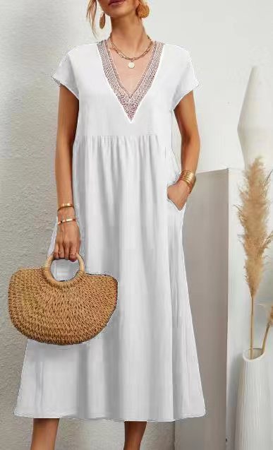 Levoire | Robe À Poches, À Manches Courtes, Ample, Avec Décolleté En V En Coton Et Lin Blanc