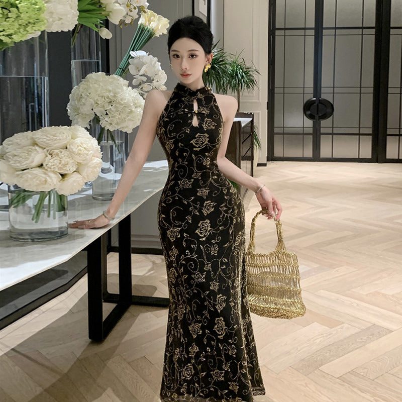Levoire | Robe Cheongsam à encolure halterneck imprimée