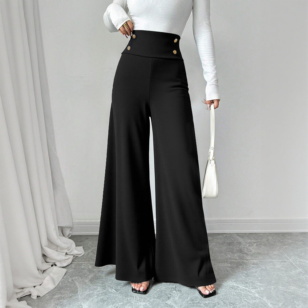 Pantalons Palazzo larges pour femmes avec taille haute et détails de bouton décoratif Levoire